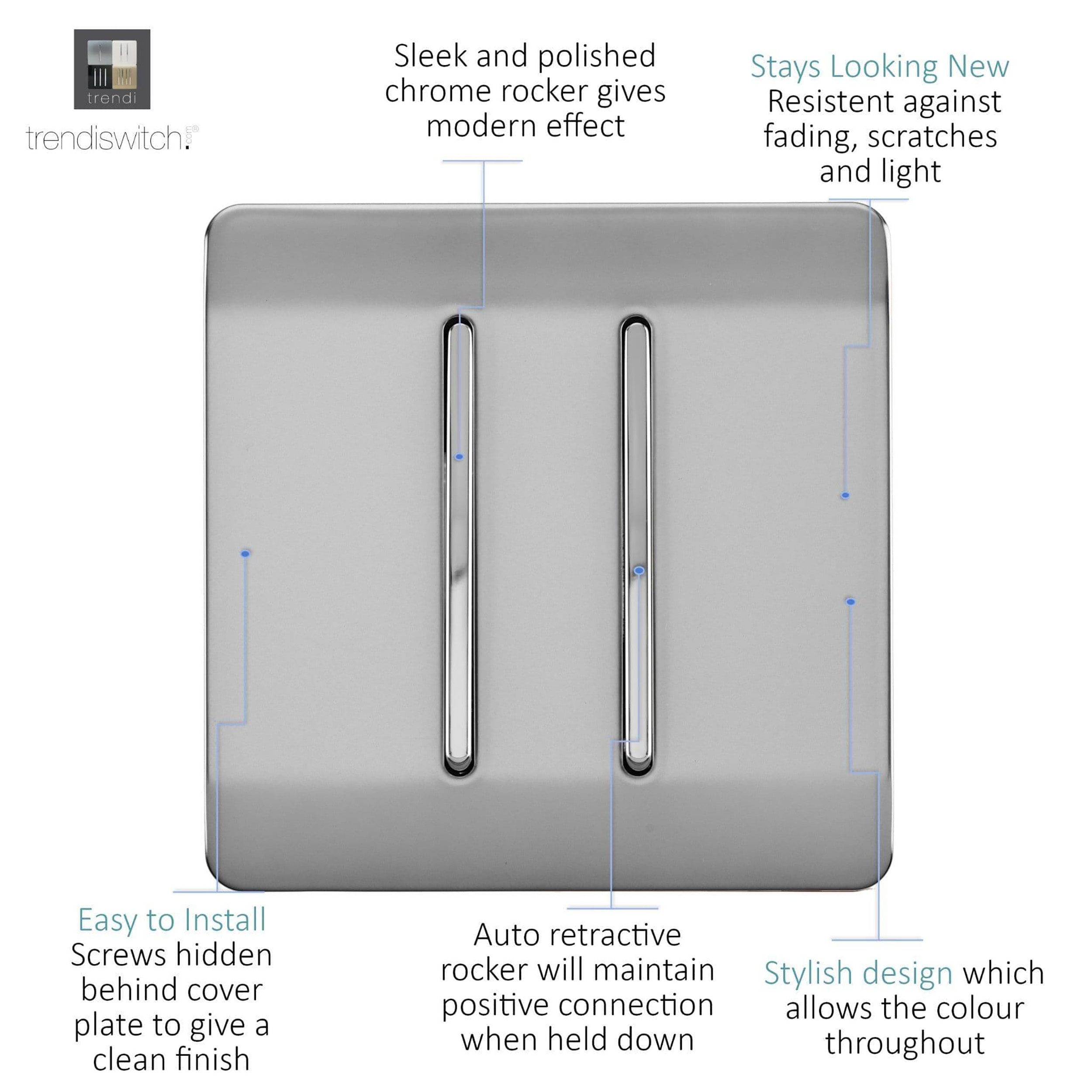 2 Gang Retractive Home Auto.Switch Brushed Steel ART-SSR2BS  Trendi Brushed Steel